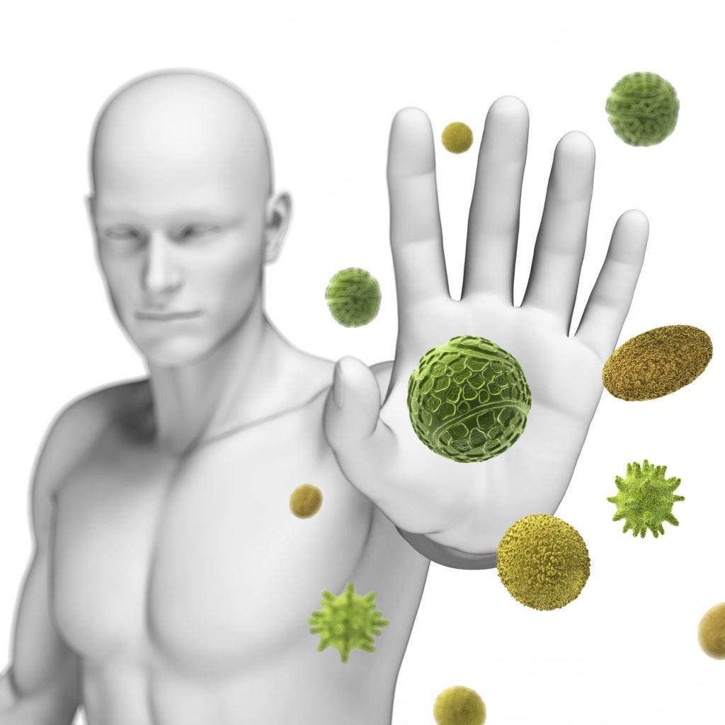 Conceptual illustration of man trying to ward off virus cells.