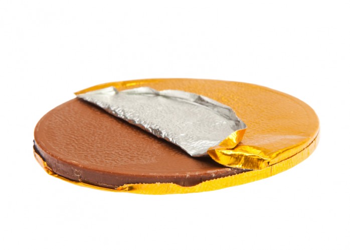 chocolate coin partly open